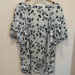 LOFT Blue Floral Ruffle Sleeve Blouse